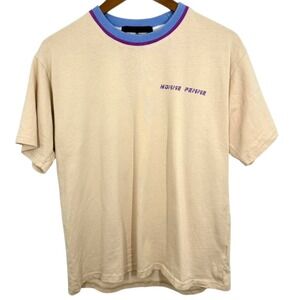 HOMME‎ FEMME Small Beige Logo T-Shirt Ribbed Collar Retro Streetwear Knit Tee